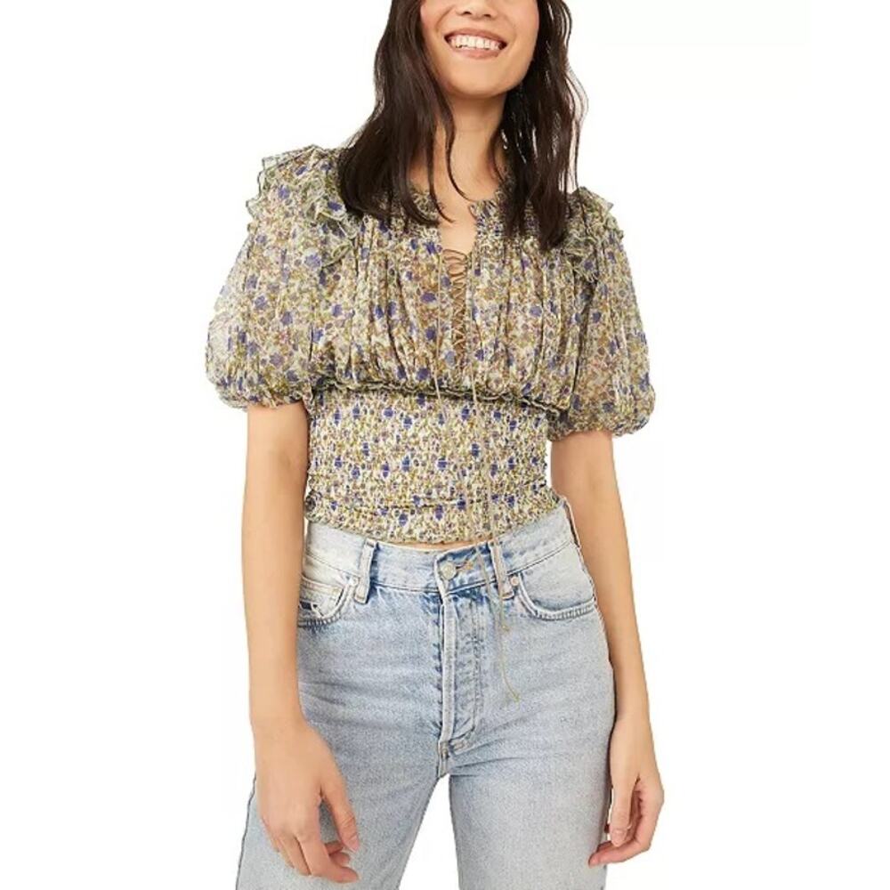Free People SZ Small Beatrice Floral-Print Smocked Puff Sleeve Peasant Top green